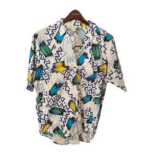 Gap Men's Short Sleeve Button Up Shirt Funky Tropical Print 100% Cotton White L